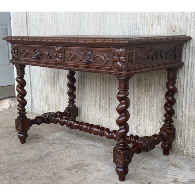 19th Spanish Walnut Desk With Two Drawers and Solomonic Turning Legs For Sale - Image 4 of 13