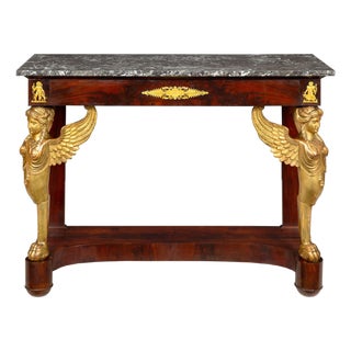 Fine French Empire Mahogany Gilt Figural Sphinx Pier Console Table C. 1815 For Sale