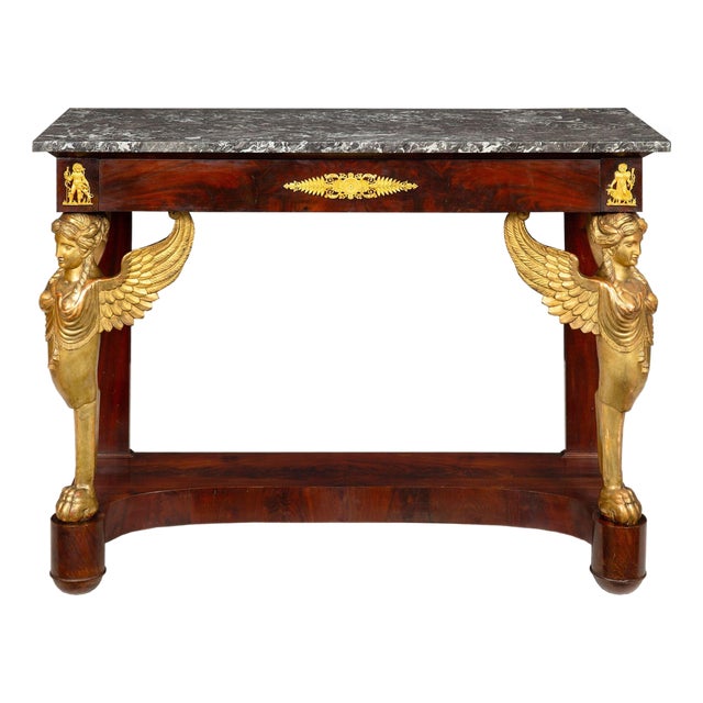 Fine French Empire Mahogany Gilt Figural Sphinx Pier Console Table C. 1815 For Sale