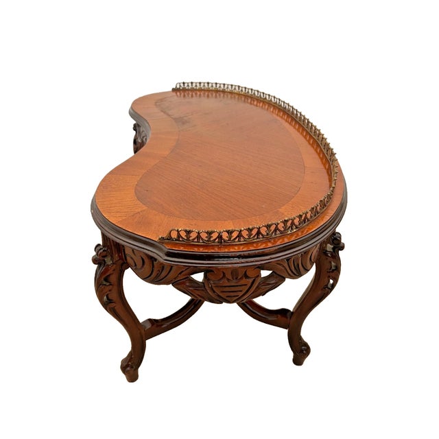 Antique French Coffee Table Kidney Shape Carved Scroll Work, Bottom Shelf Petite For Sale - Image 4 of 11