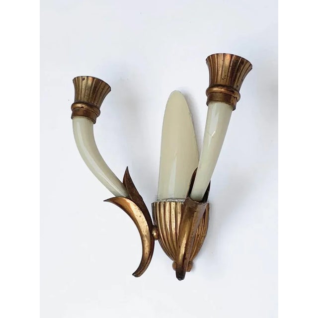Italian Ivory White Blown Murano Glass & Coppered Brass Sconces, 1940s, Set of 2 For Sale - Image 15 of 18