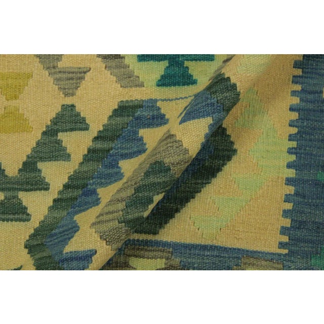 2000 - 2009 Tribal Kilim Blue Tan Wool Rug - 8'5" X 11'6" For Sale - Image 5 of 7