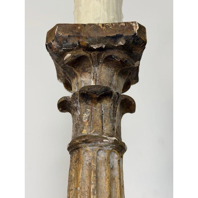 Mid 20th Century Italian Neoclassical Corinthian Column Table Lamps Distressed Giltwood - a Pair For Sale - Image 12 of 15