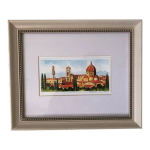 Contemporary Florence Cityscape with Duomo Cathedral Watercolor Painting, Framed