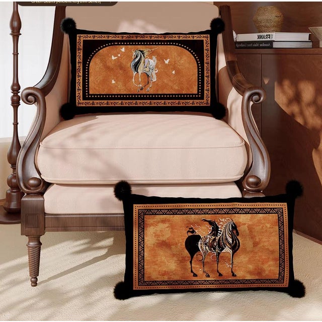 French-Style Galloping Horse Art Pillow, Orange, Hand-Painted, 15"×23" For Sale - Image 4 of 5