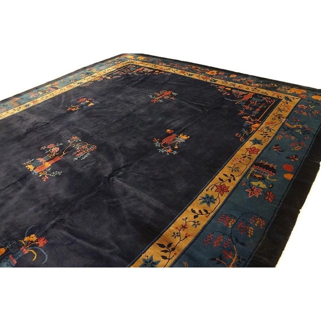 1920s Antique Chinese Art Deco Wool Floral Manchester Blue Hand Knotted Rug For Sale - Image 9 of 9