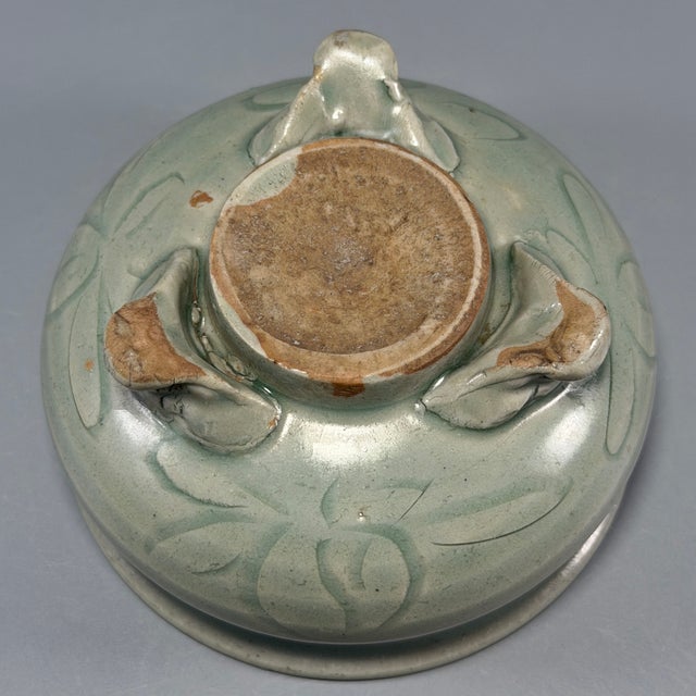 Ceramic Chinese Longquan Celadon Tripod Censer, Carved Floral Pattern, Collectible For Sale - Image 7 of 7