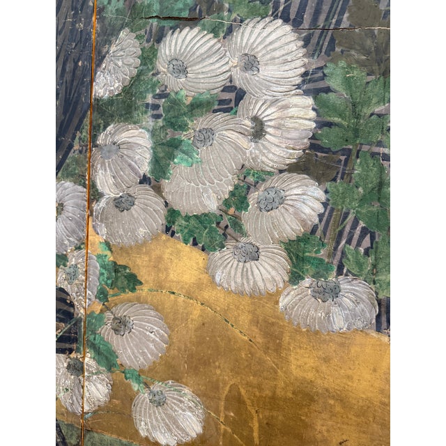 19th Century Japanese Meiji Period Four-Panel Folding Screen – Gilt Paper With Chrysanthemums, Morning Glories & Landscape For Sale In San Francisco - Image 6 of 12