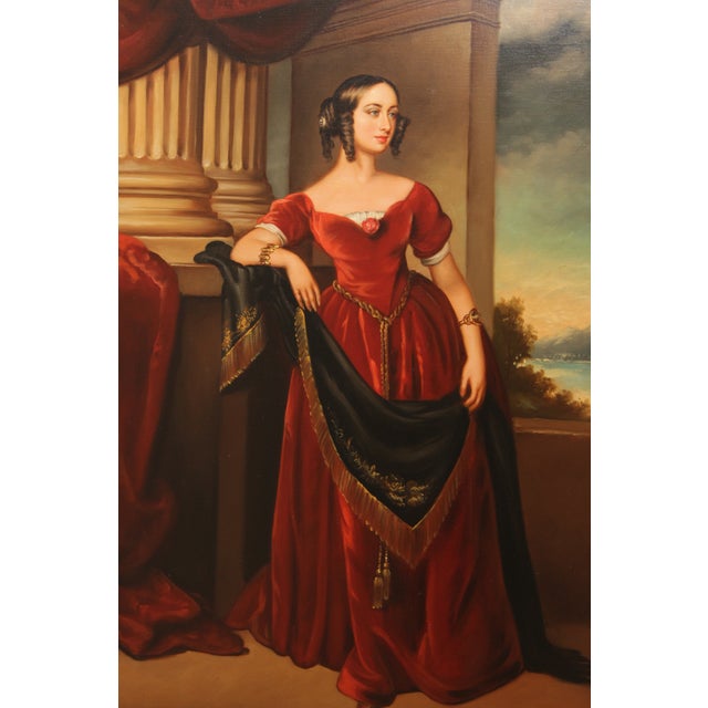 Artist Signed Portrait of Lady in Red Dress Painting on Canvas For Sale - Image 10 of 13