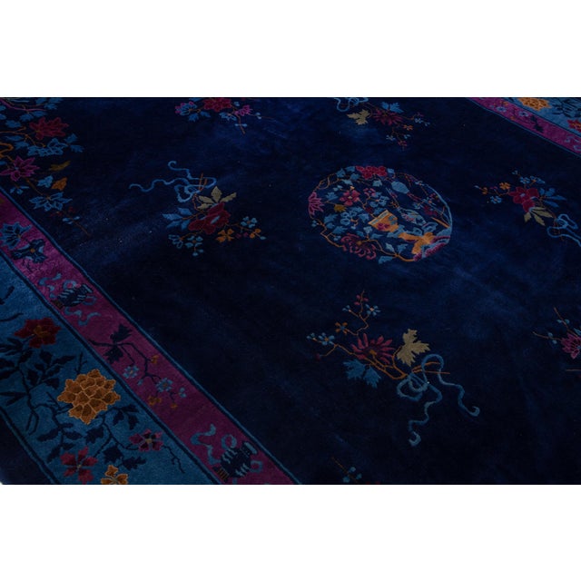 1920s Navy Blue Antique Chinese Art Deco Handmade Wool Rug With Floral Design For Sale - Image 13 of 15