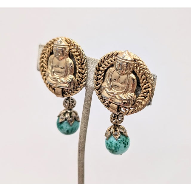 Napier Vintage 1960s Signed Napier Goldtone Buddha Faux-Jade Drop Clip Earrings-2 Pieces For Sale - Image 4 of 10