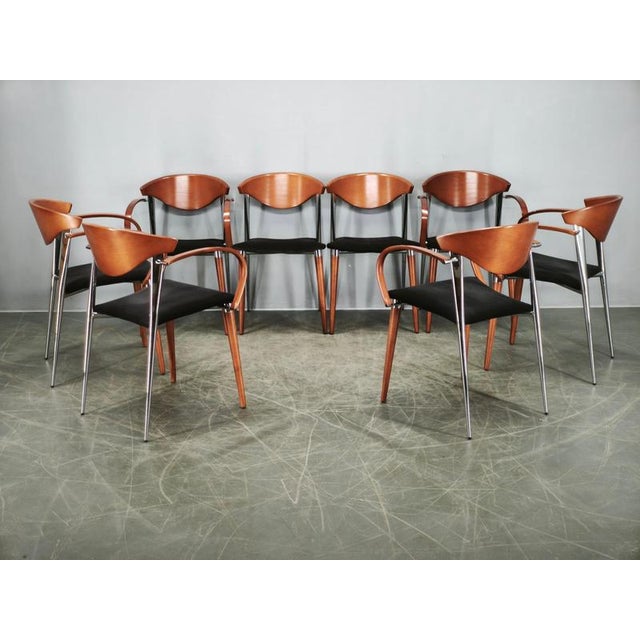 Spanish Chrome, Wood, and Velvet Dining Chairs from Paco Capdell, 1980s, Set of 8 For Sale - Image 17 of 18