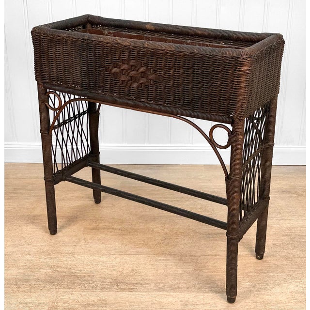 Victorian Antique Victorian Wicker Window Box Plant Stand With Insert For Sale - Image 3 of 13