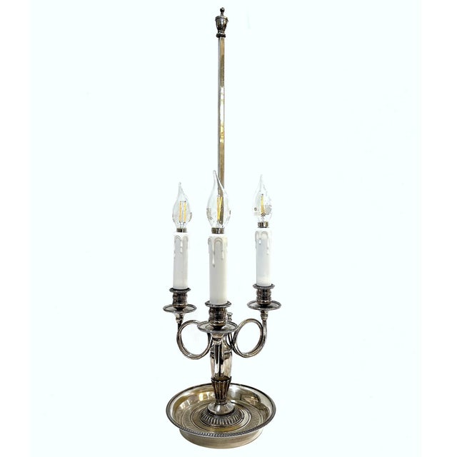 Charming 3-arm vintage brass "Bouillotte lamp. Silver plated. Adjustable leather textured black tole shade with turn key....