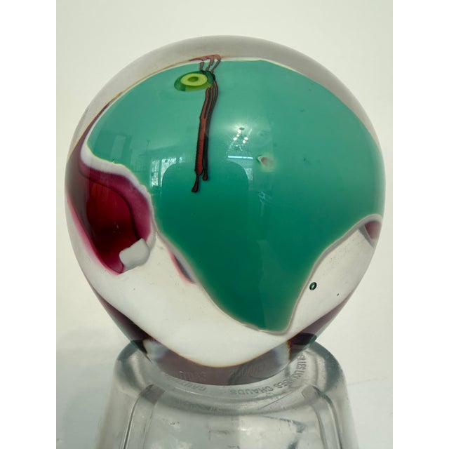 Signed James R. Wilbat Jr Hand Blown Art Glass Paperweight Orb Sculpture 4” Colorful For Sale - Image 12 of 12
