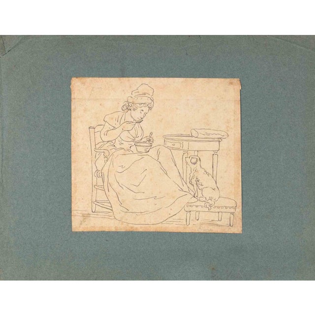 Maurice Van Moppes, Woman and Dog, Ink Drawing, Late 19th Century For Sale