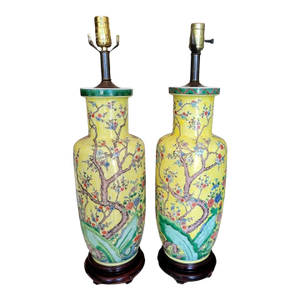 Vintage Yellow Chinoiserie Cherry Blossom Tree Ceramic Table Lamps- A Pair