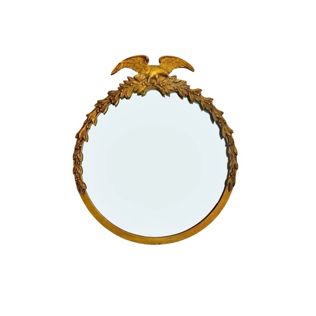 Early 20th Century American Round Gilt Wood Mirror, Federal Eagle Crest & Carved Wreath, 29.5"h For Sale - Image 4 of 7