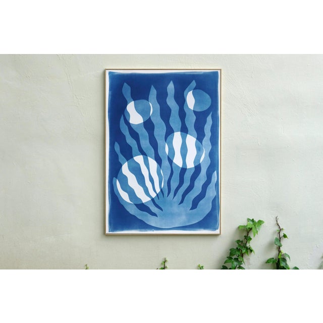 Paper 2025, Art Deco Style, Ocean Shapes, Unique Monotype - Cyanotype on Watercolor Paper of Algae With Bubbles in Blue Tones by Kinf of Cyan For Sale - Image 7 of 8