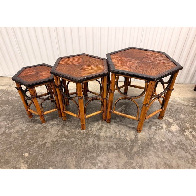 1970s Vintage Burnt Bamboo & Rattan Nesting Hexagon Shaped Tables - Set of 3 For Sale - Image 9 of 9