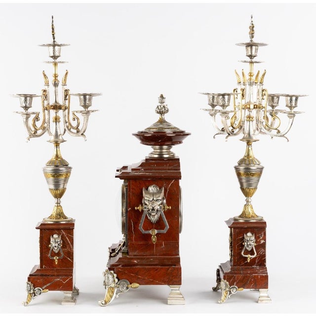 1900 - 1909 H & F Paris Circa 1900 Belle Époque Wolf Heads Garniture, Rouge Royal Marble For Sale - Image 5 of 9