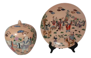 1980s Chinese Melon Jar & Plate, 2 Pieces