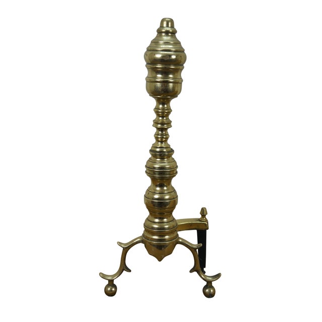 Pair of antique brass Chippendale / Georgian / Colonial style andirons / fire dogs - beehive shaped baluster style posts...