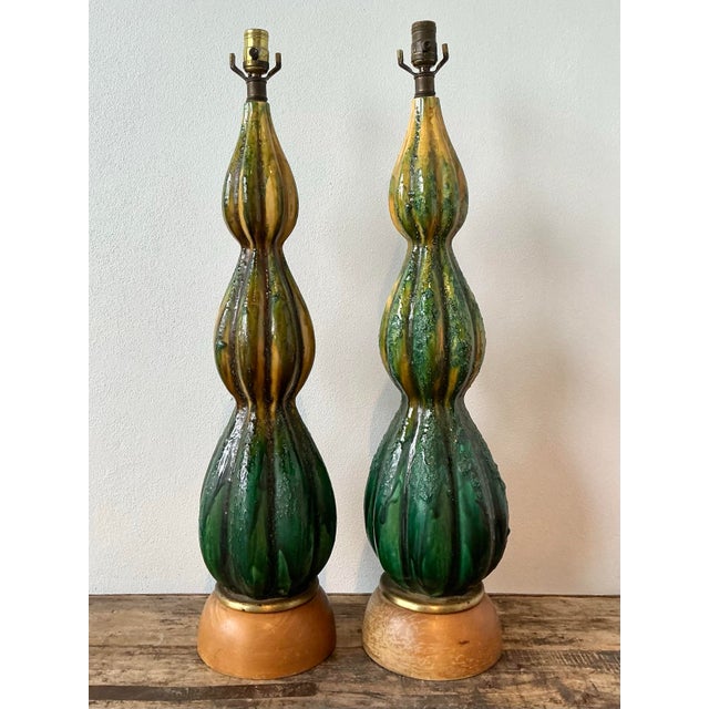 Wood Vintage MCM Drip Glaze Ceramic Lamps - A Pair For Sale - Image 7 of 12