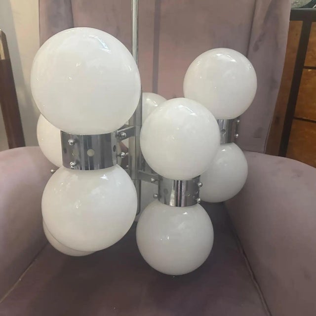 White 1960s Space Age Steel and Opaline Glass 10 Lights Italian Chandelier For Sale - Image 8 of 17