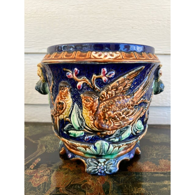Antique Majolica Bird Planter Cache Pot Jardinière Cobalt Blue Wasmuël C1890 For Sale - Image 9 of 18