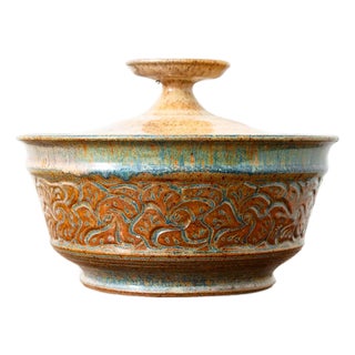 1960s Mid-Century Modern Art Pottery Lidded Bowl Ceramic Vessel Glazed Round Signed Serving Casserole For Sale
