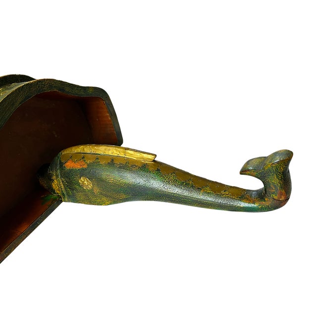 Mediterranean Mid-Century Florentine-Style Artisan-Made Painted Green Wood & Brass Demilune Wall Console Shelf With Stylized Fish Bracket For Sale - Image 3 of 10