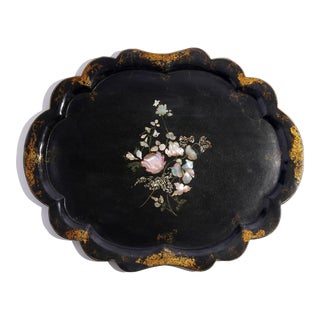 English Paper Mache Tea Tray With Scalloped Edge, 1850's For Sale