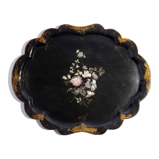 English Paper Mache Tea Tray With Scalloped Edge, 1850's For Sale