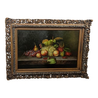 Late 20th Century Large Hand-Painted Traditional Fruit Still Life Oil on Canvas in Ornate Carved Frame For Sale