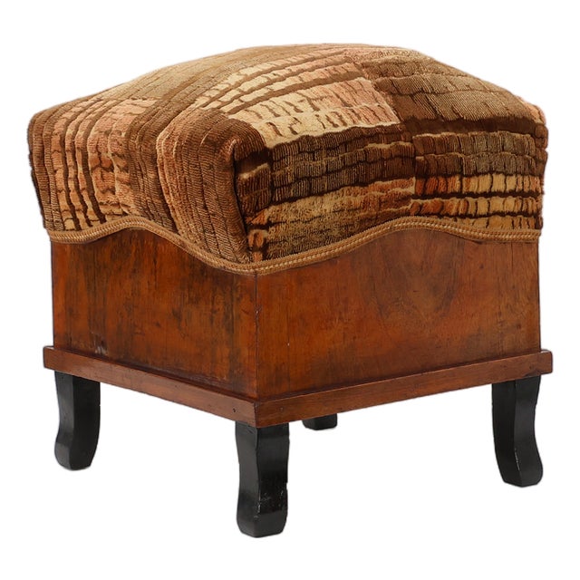 Art Deco Walnut Ottoman with Velvet Upholstery, Italy, 1920s For Sale