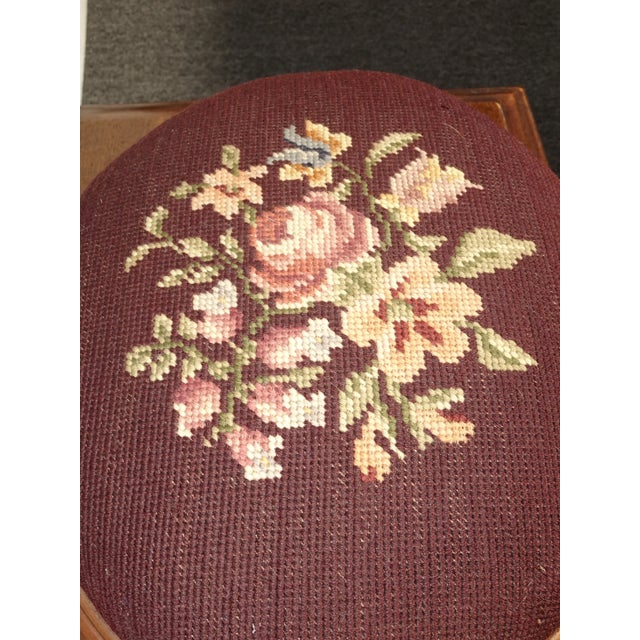 Wood Footstool - Vintage French Country Burgundy Floral Needlepoint Petite Footstool For Sale - Image 7 of 13