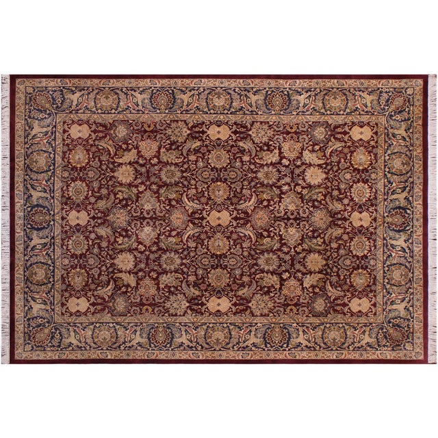 Maroon Elegant Floral Pak-Persian Maroon/Blue Wool Rug - 9'1'' X 12'2'' For Sale - Image 8 of 9