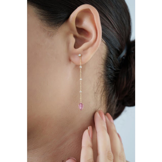 Not Yet Made - Made To Order Carved Leaf Pink Tourmaline & Diamond Chain Drop Earrings in 14k Yellow Gold- A Pair For Sale - Image 5 of 12