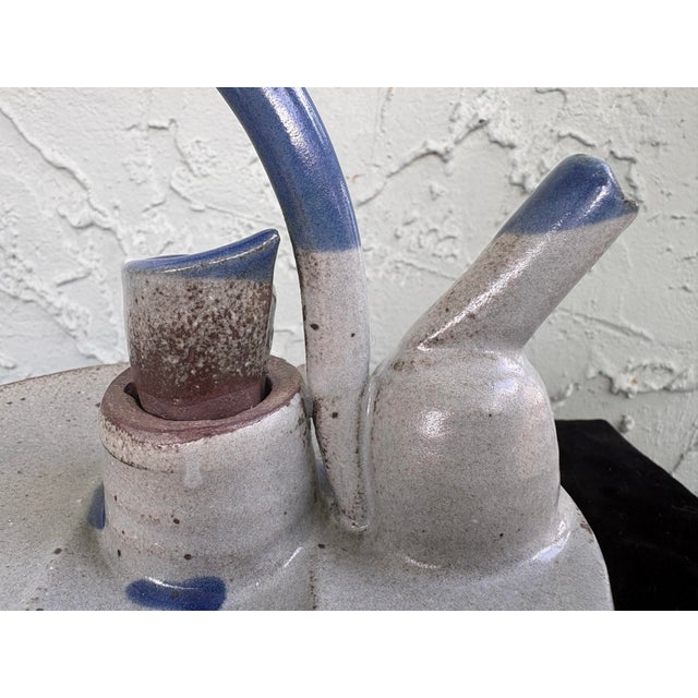 Mid-Century Studio Art Pottery Pouring Vessel – Blue & Beige Stoneware Cruet Form For Sale - Image 4 of 11