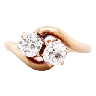 Antique 14k Gold & Old Mine Cut Diamonds 'Toi Et Moi' Ring For Sale