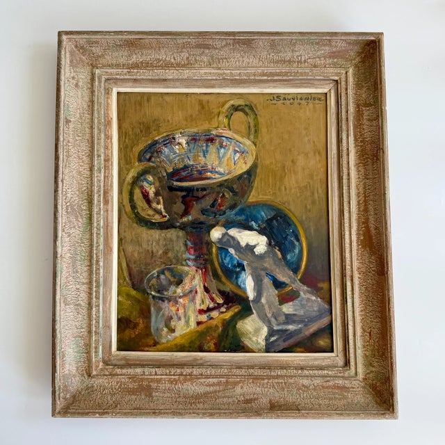 A beautifully composed 1947 still life oil painting on board of ancient Greek pottery and marble statue by Jean Sauvignier...