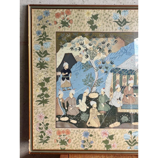Textile 20th Century Mughal Court Painting on Silk - Persian Indian Miniature Style For Sale - Image 7 of 8