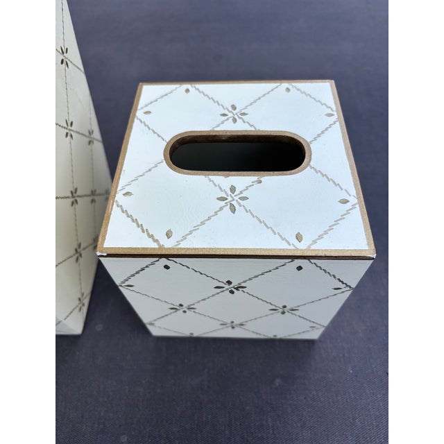 Allen G Designs Hand-Painted Ivory & Gold Wastebasket & Tissue Box Set For Sale In Louisville - Image 6 of 11