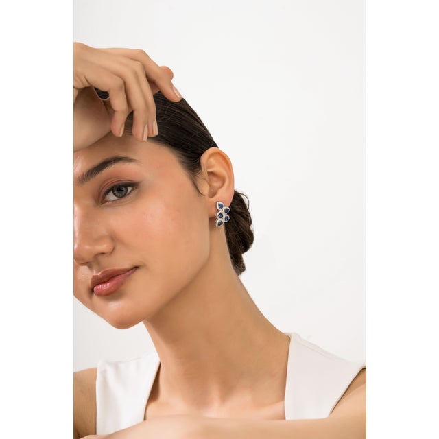 14k Solid Gold Wing-Shaped 4.02 Ct Blue Sapphire Diamond Cluster Earrings- 2 Pieces For Sale In New York - Image 6 of 14