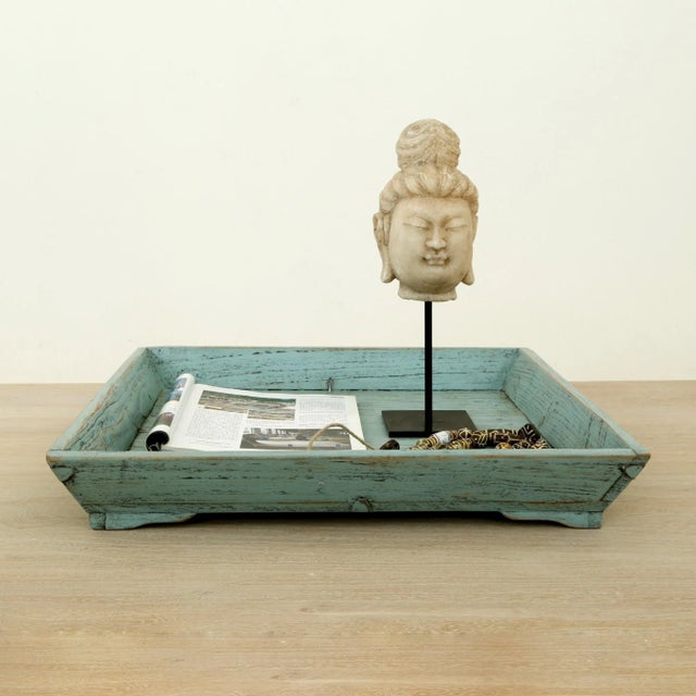 Contemporary Weathered Soft Aqua Wash Reclaimed Wood Tray For Sale In Los Angeles - Image 6 of 7
