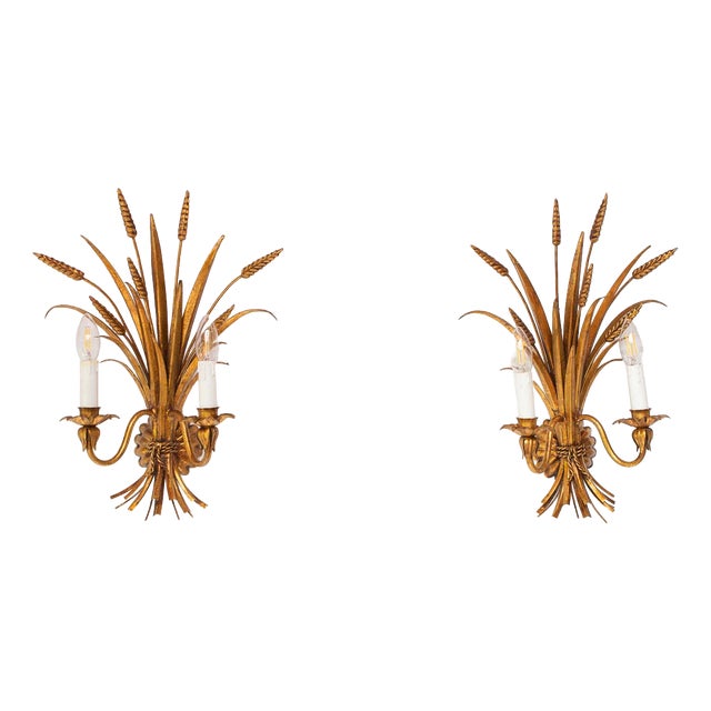 Italian Gilt Metal Wall Sconces with Leaves and Ears of Wheat, 1970s, Set of 2 For Sale