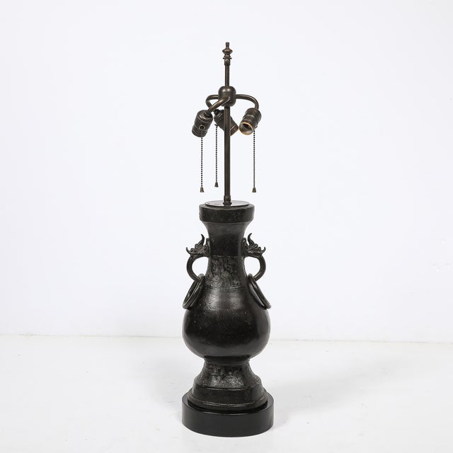Pair of Mid-Century Iron Dragon Amphora Chinoiserie Table Lamps W/ Ring Details For Sale - Image 11 of 15