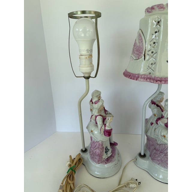 Vintage Rococo Revival Porcelain Figurine Table Lamps – Romantic Couple, Pair For Sale - Image 9 of 10