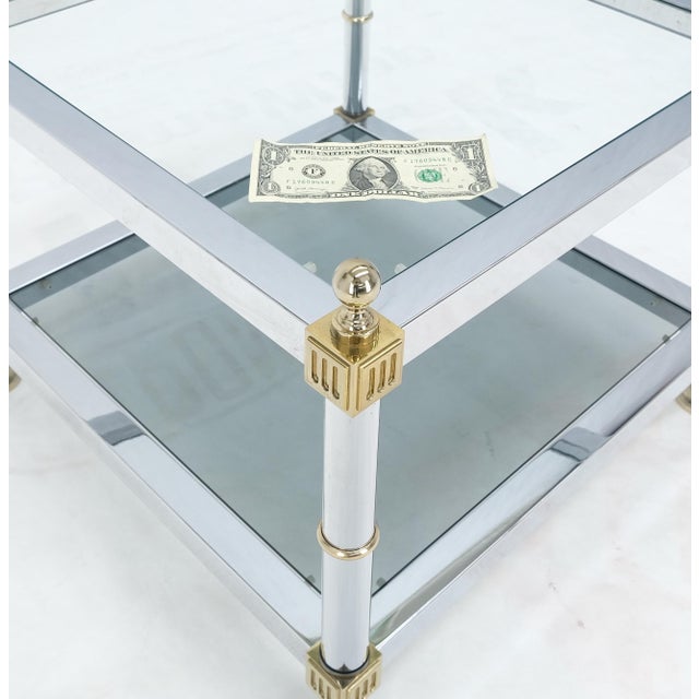 Pair of Square Chrome & Brass Smoked Glass Two Tier End Side Tables MINT! For Sale - Image 11 of 11